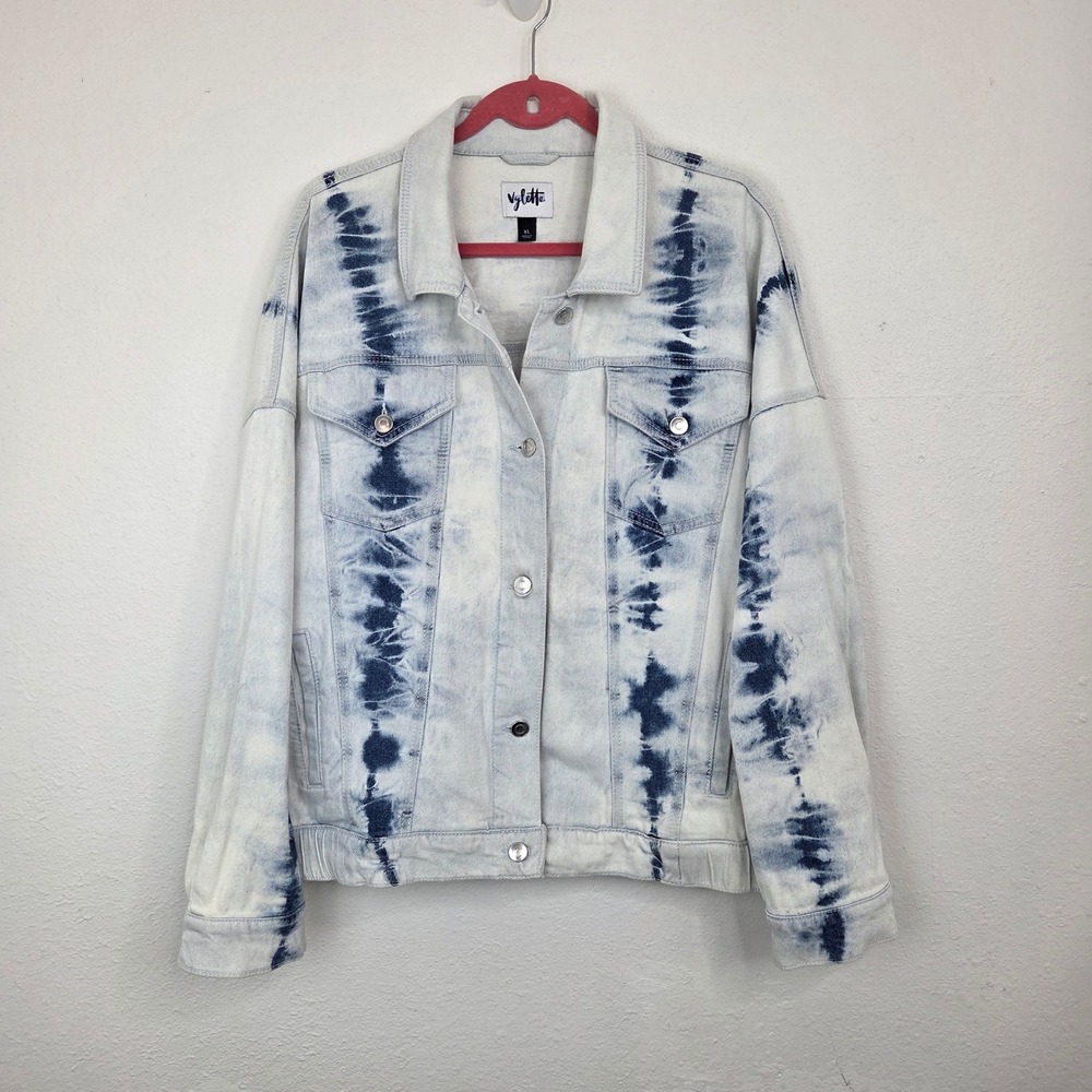 Vylette Denim Jacket‎ Women XL Blue Tie Dye Button Up Trucker Stretch Excellent